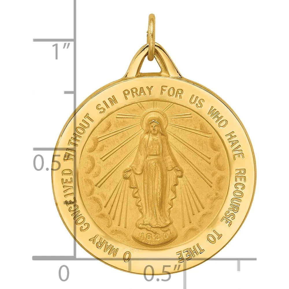 14K Yellow Gold Large Miraculous Medal Round Pendant - Polished and Satin Finish by Oro Pregiato - Image 3