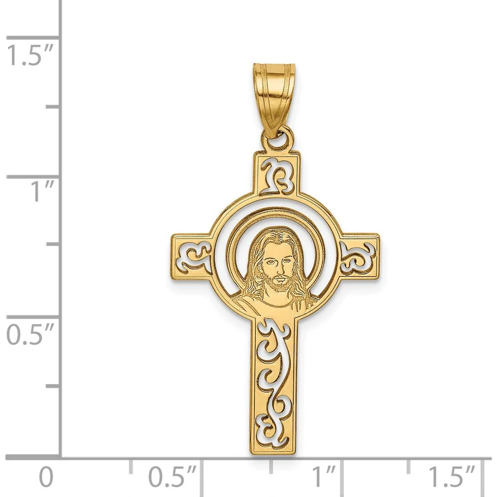 14K Yellow Gold Laser Cut Jesus Face Cross Pendant - Spiritual Charm by Oro Pregiato - Image 3
