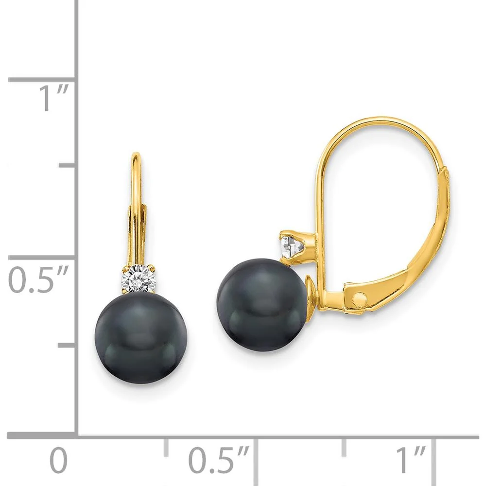14K Yellow Gold Leverback Earrings with 6-7mm Black Freshwater Pearls and 0.059 Carat Faceted Diamonds by Monteluci Fine Jewelry - Image 4