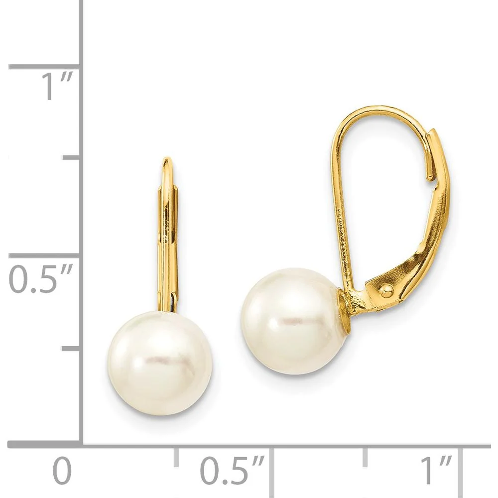 14K Yellow Gold Leverback Earrings with 7-8mm Round White Akoya Cultured Pearls by Monteluci Fine Jewelry - Image 4