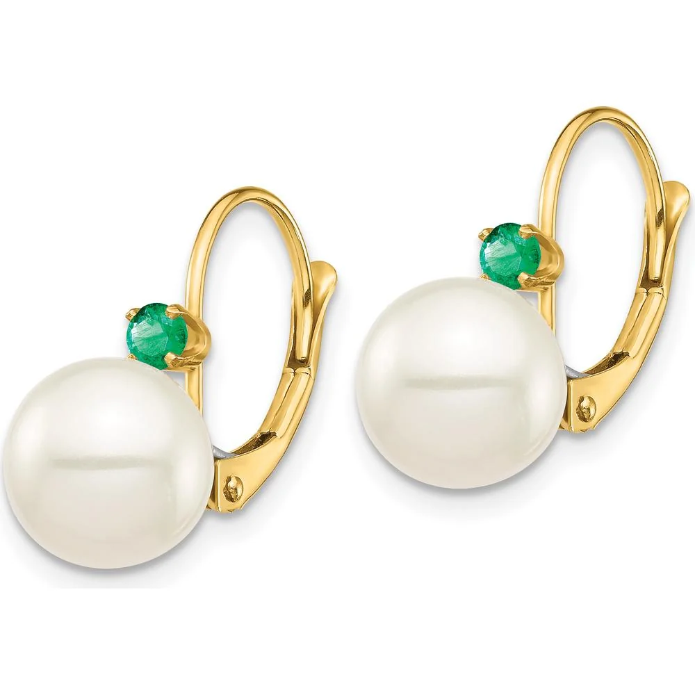 14K Yellow Gold Leverback Earrings with Round Freshwater Pearls and Emeralds - 1.8 Carat Total Gem Weight by Monteluci Fine Jewelry - Image 2