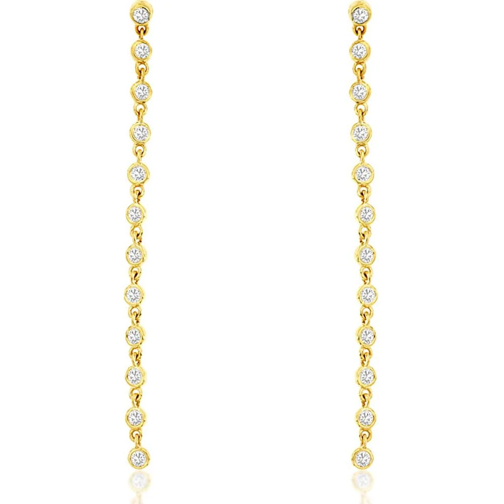 14K Yellow Gold Long Diamond Drop Earrings with Bezel Set Round Brilliant Cut Diamonds - 0.50 Carat Total Weight - Royal Jewelry