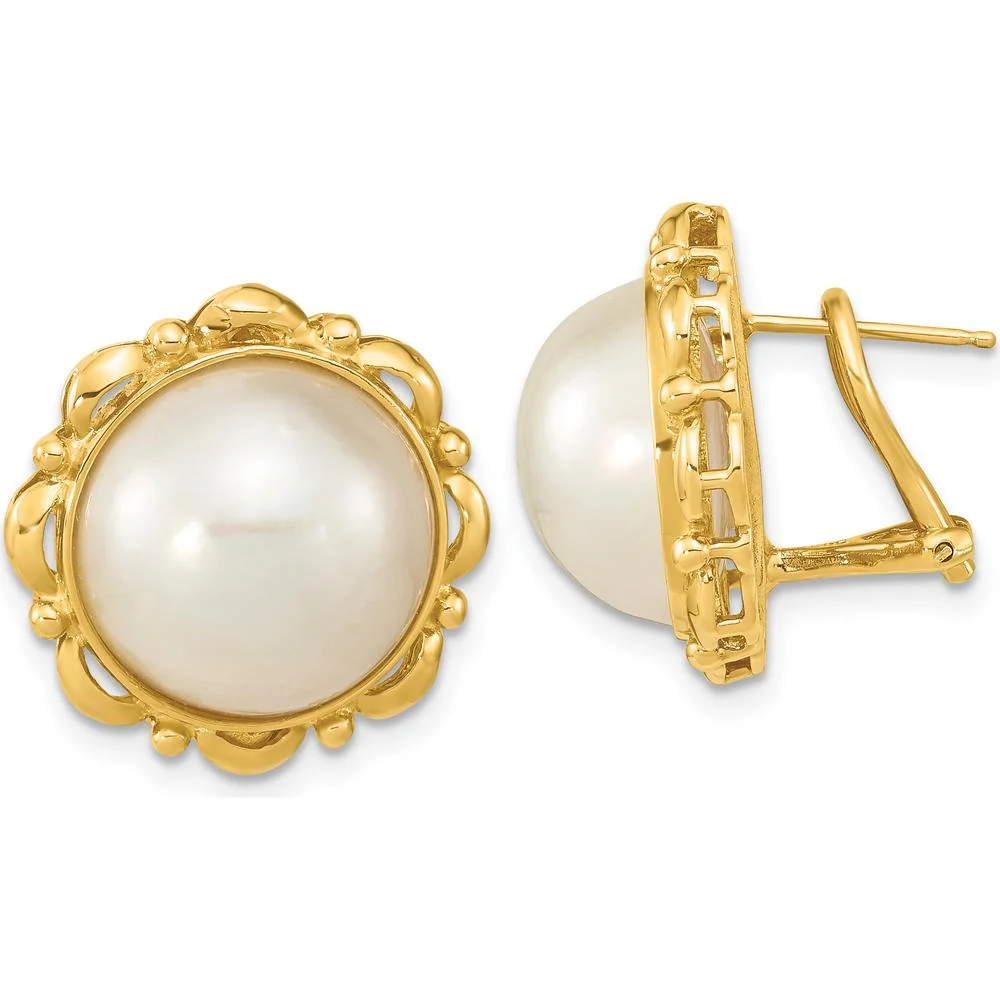 14K Yellow Gold Mabe Pearl Omega Back Earrings - 13-14mm Cultured Pearls by Monteluci Fine Jewelry