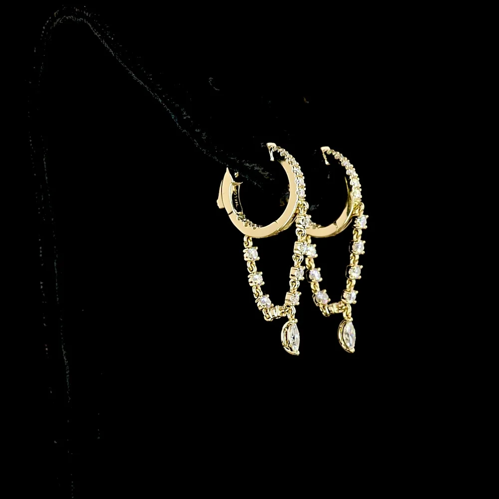 14K Yellow Gold Marquise and Round Diamond Hanging Drop Earrings - 1.11 Carats Total Diamond Weight, Lab-Grown E-F VS Diamonds with Prong Setting - Covaloro Fine Jewelry - Image 3