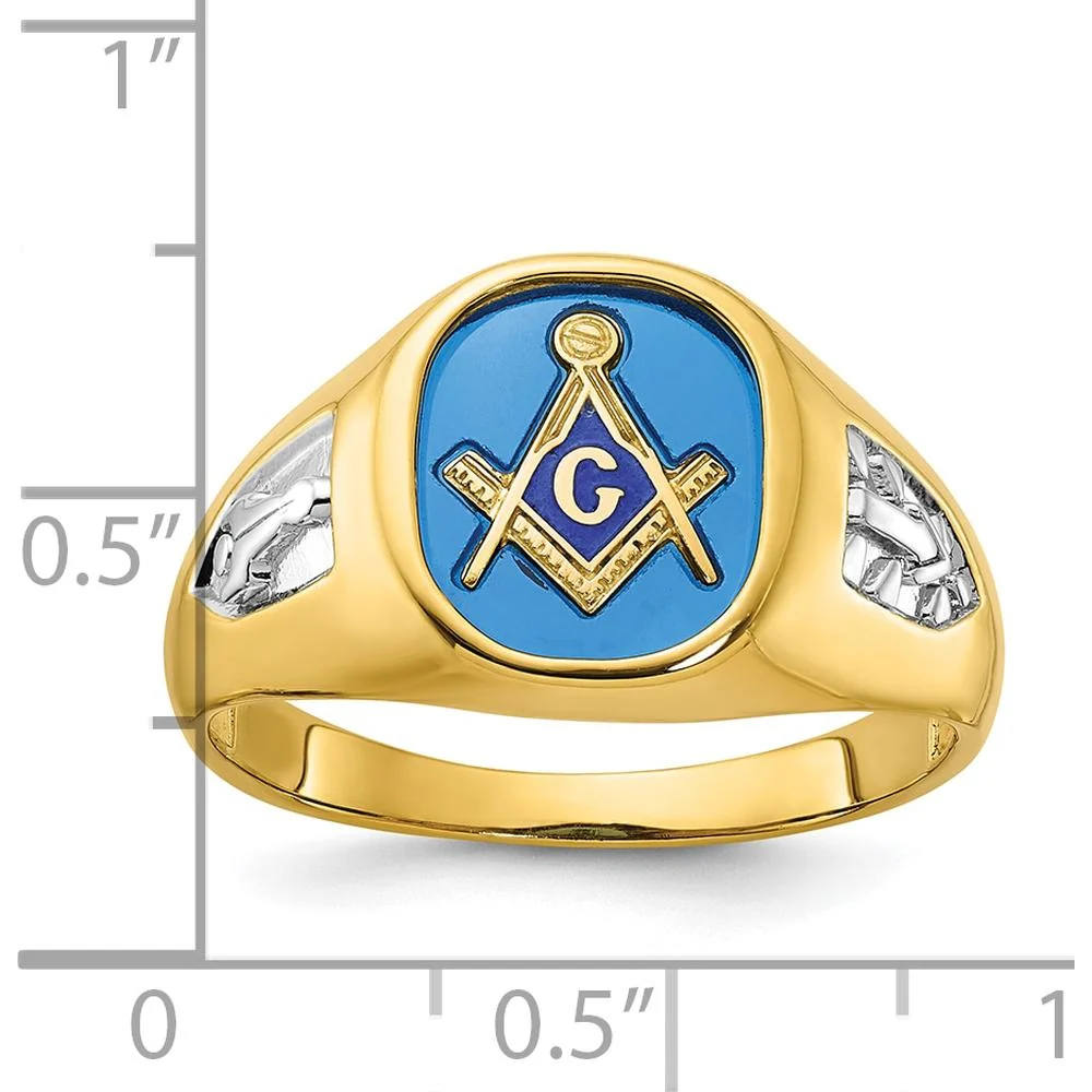 14K Yellow Gold Masonic Band with Lab Created Sapphire Cushion Cut - 12x10mm by IBGoodman - Image 3