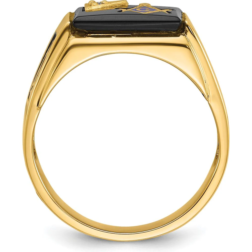 14K Yellow Gold Masonic Men's Ring with Polished Finish and Diamond-0.01 Carat and Onyx-12x10mm - Size 10 by IBGoodman - Image 2