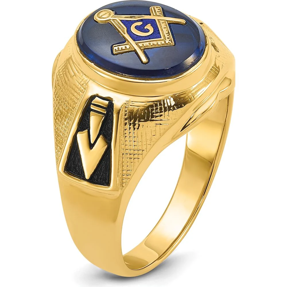 14K Yellow Gold Masonic Ring with 12x10mm Oval Cabochon Blue Synthetic Spinel and Antiqued Textured Design - Size 10 by Monteluci Fine Jewelry - Image 8
