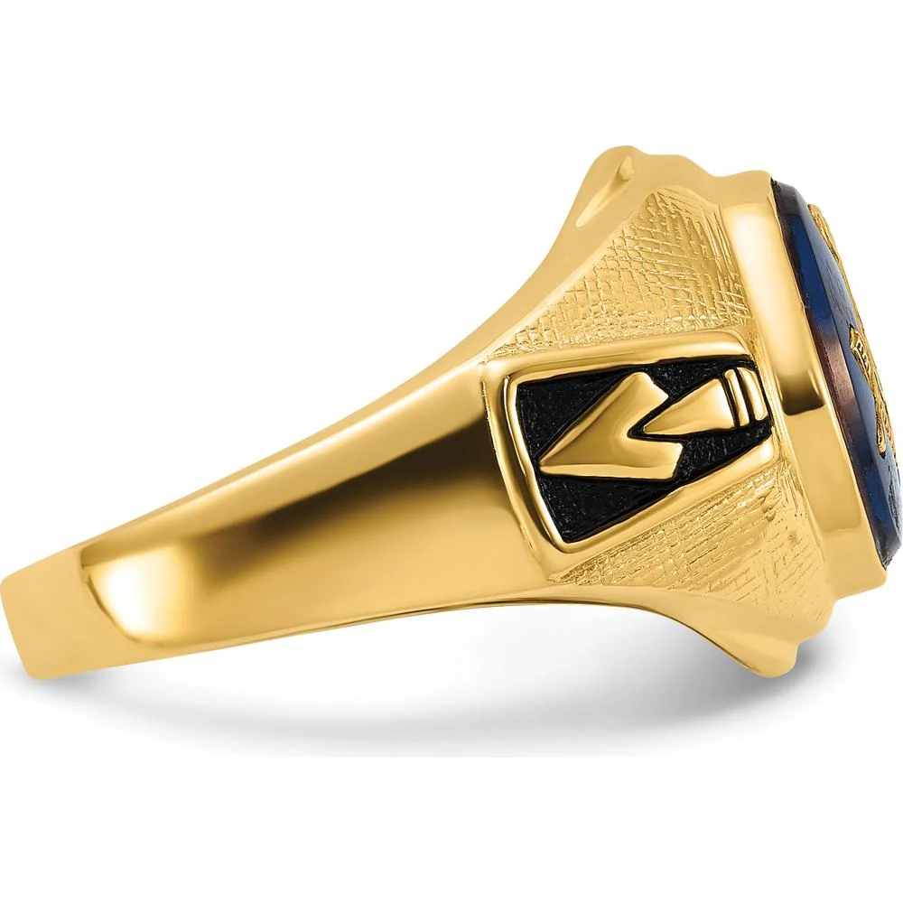 14K Yellow Gold Masonic Ring with 12x10mm Oval Cabochon Blue Synthetic Spinel and Antiqued Textured Design - Size 10 by Monteluci Fine Jewelry - Image 9