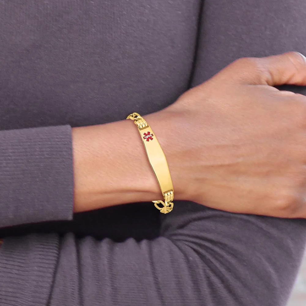 14K Yellow Gold Medical Alert Bracelet with Off-Center Red Enamel Plate and Figaro Link Chain - 7" Length by Oro Pregiato - Image 5