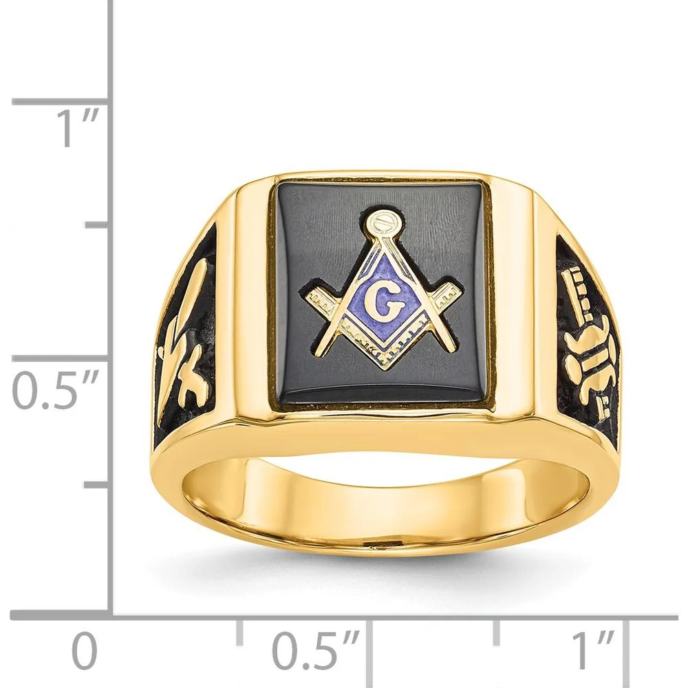 14K Yellow Gold Men's Black Enamel Masonic Ring with Engraved Symbols and Polished Tapered Band - Size 10 by IBGoodman - Image 3