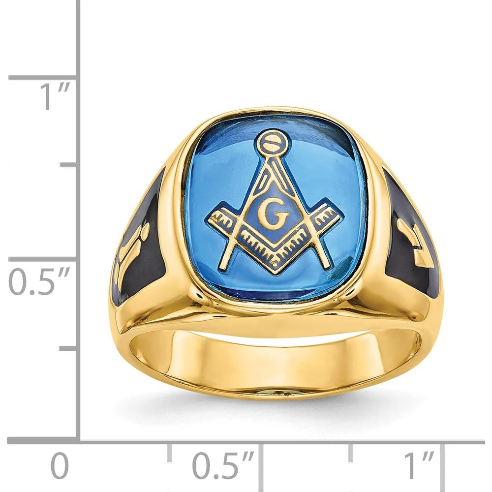 14K Yellow Gold Men's Cushion-Cut Blue Spinel Masonic Ring with Black Enamel Detailing - Size 10 by Monteluci Fine Jewelry - Image 3