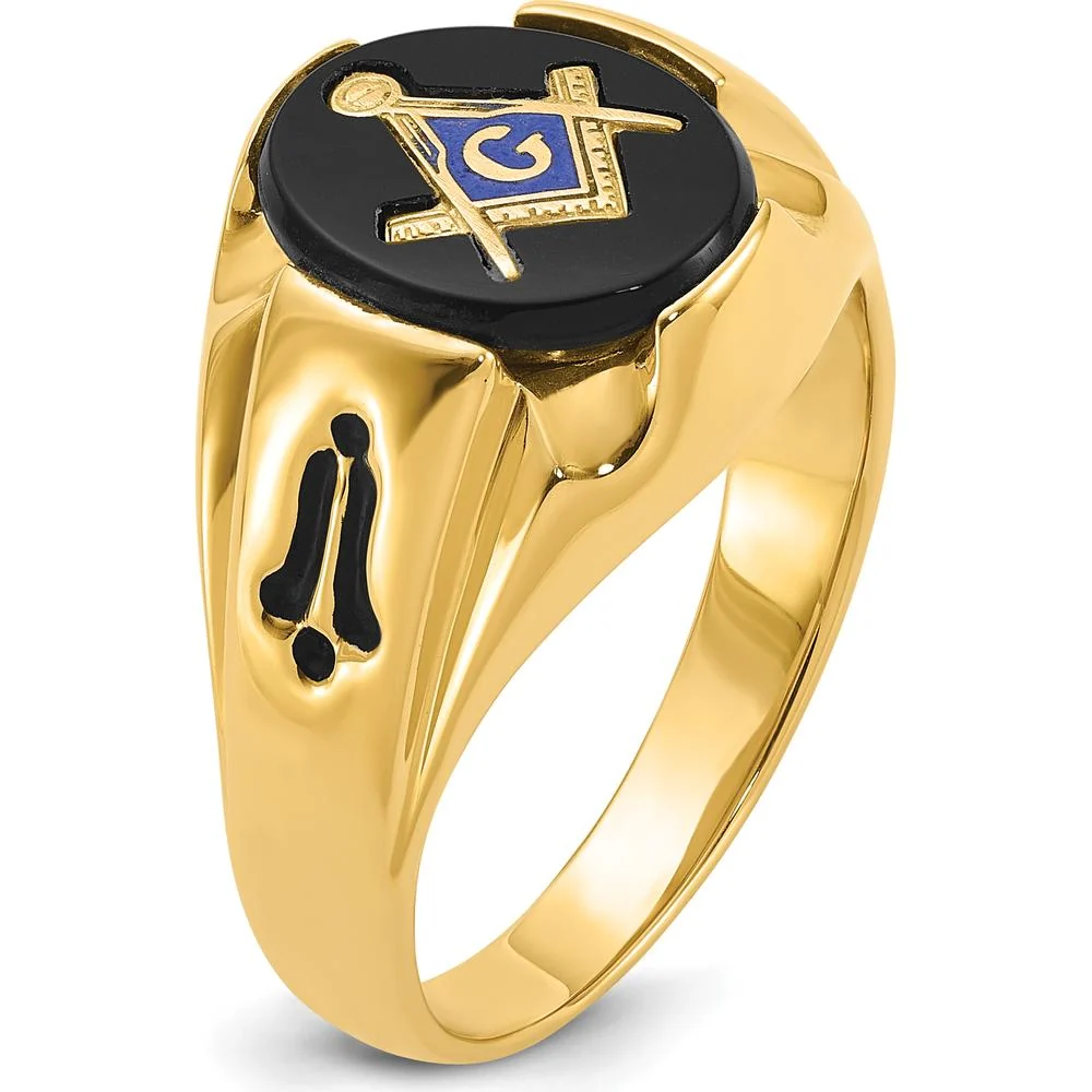 14K Yellow Gold Men's Grooved Masonic Ring with 12x10mm Oval Black Onyx - Size 10 by IBGoodman - Image 8