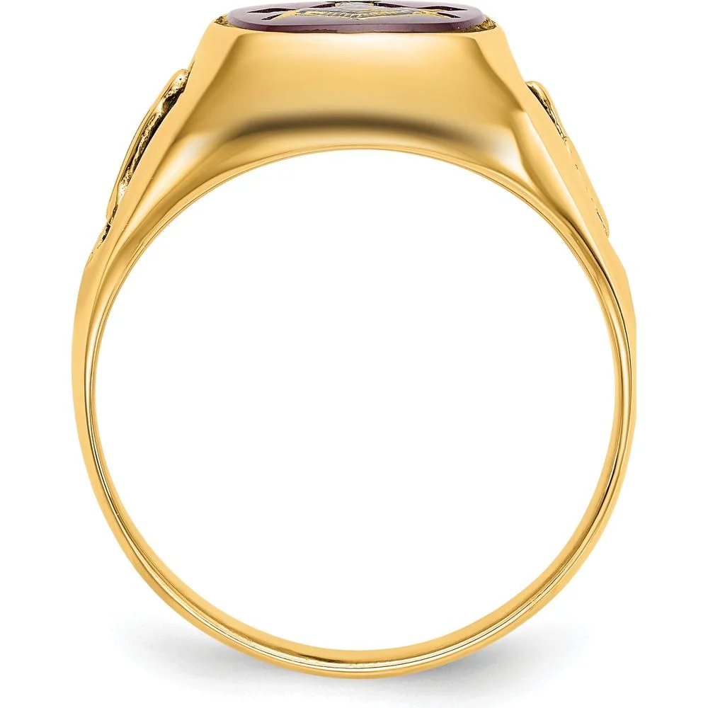 14K Yellow Gold Men's Masonic Ring with Lab Created Ruby Cushion Cut - 12x10mm Red Ruby - Size 10 by IBGoodman - Image 2