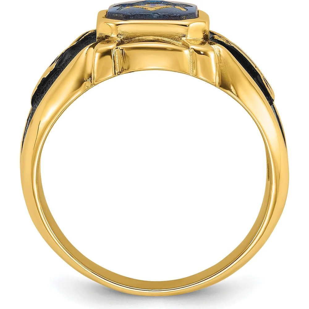 14K Yellow Gold Men's Masonic Ring with Octagon-Cut Imitation Blue Spinel and Antiqued Textured Finish - Size 10 by IBGoodman - Image 2