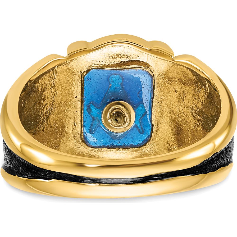 14K Yellow Gold Men's Masonic Ring with Octagon-Cut Imitation Blue Spinel and Antiqued Textured Finish - Size 10 by IBGoodman - Image 5