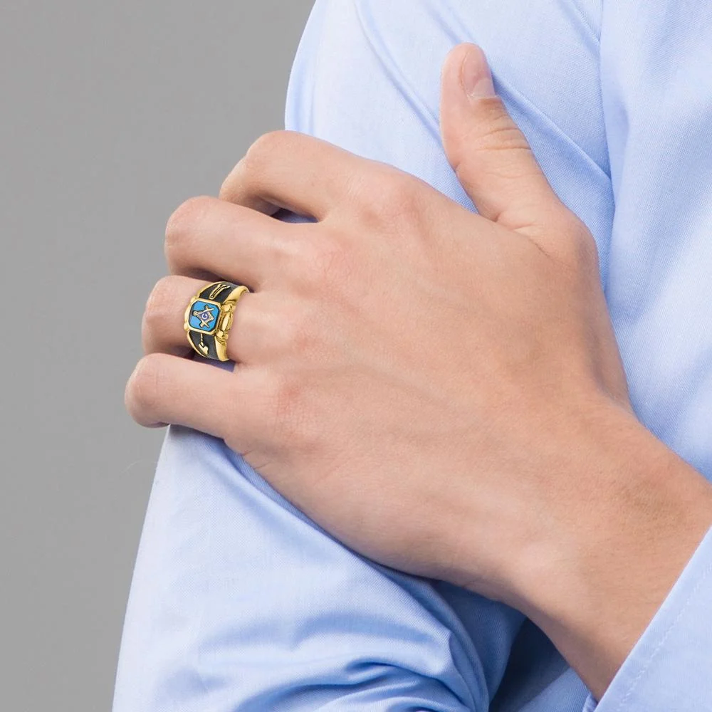 14K Yellow Gold Men's Masonic Ring with Octagon-Cut Imitation Blue Spinel and Antiqued Textured Finish - Size 10 by IBGoodman - Image 7