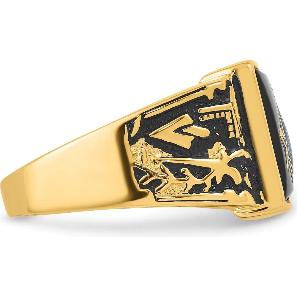 14K Yellow Gold Men's Polished and Textured Masonic Ring with Black Enamel and Cushion Cut Onyx - 12x10mm - Size 10 by IBGoodman - Image 9