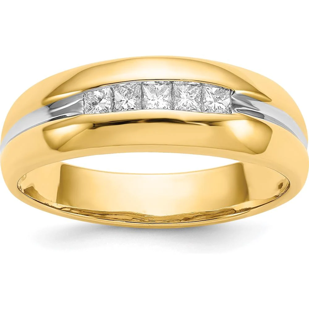 14K Yellow Gold Men's Ring with 5 Square-Cut Diamonds and Rhodium Accent - 0.05 Carat Total Diamond Weight - Size 10 by IBGoodman