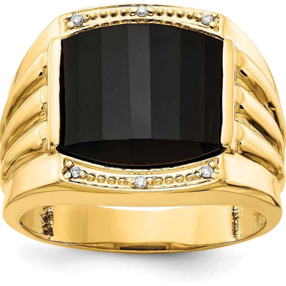14K Yellow Gold Men's Ring with Round Diamonds and Black Onyx - 0.004 Carat Total Diamond Weight - Size 10 by Monteluci Fine Jewelry