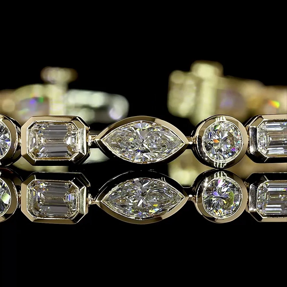 14K Yellow Gold Mixed Shape Tennis Bracelet with Bezel Set Lab Diamonds - Emerald, Marquise, and Round Cuts - 5.78 Carat Total Diamond Weight - Covaloro Fine Jewelry - Image 2
