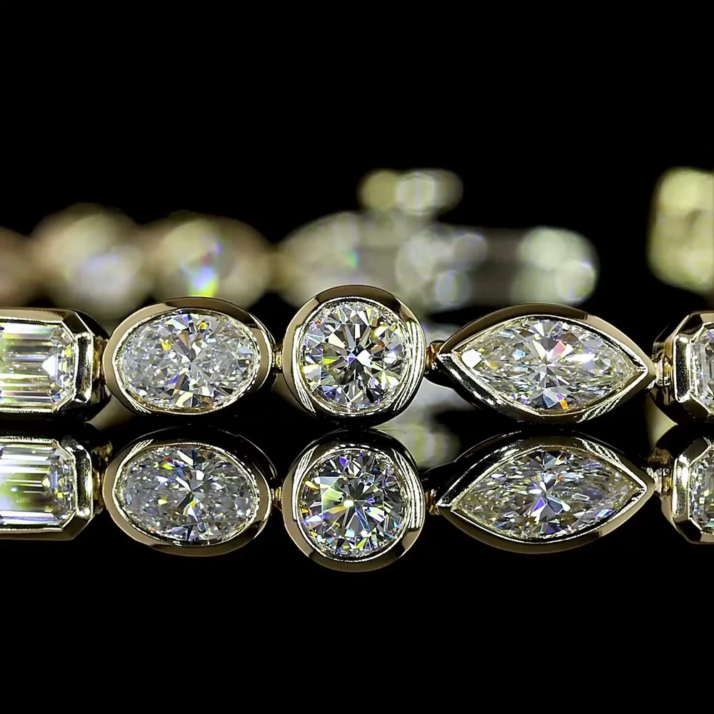 14K Yellow Gold Mixed Shape Tennis Bracelet with Bezel Set Oval, Round, Marquise, and Emerald Cut Lab Diamonds - 4.64 Carats Total Diamond Weight - Covaloro Fine Jewelry - Image 2
