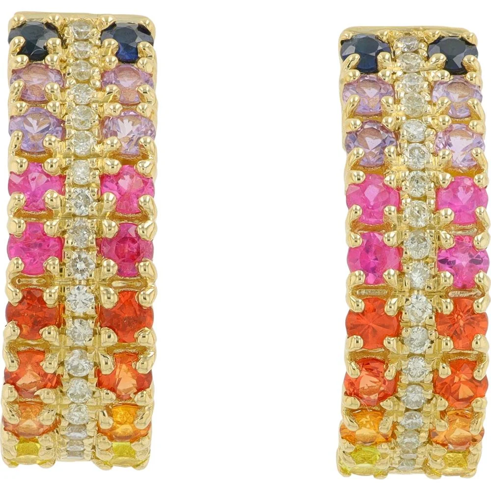 14K Yellow Gold Multi Sapphire and Diamond Hoop Earrings - 1.50 Carat Total Sapphire, 0.50 Carat Total Diamond - Image 3