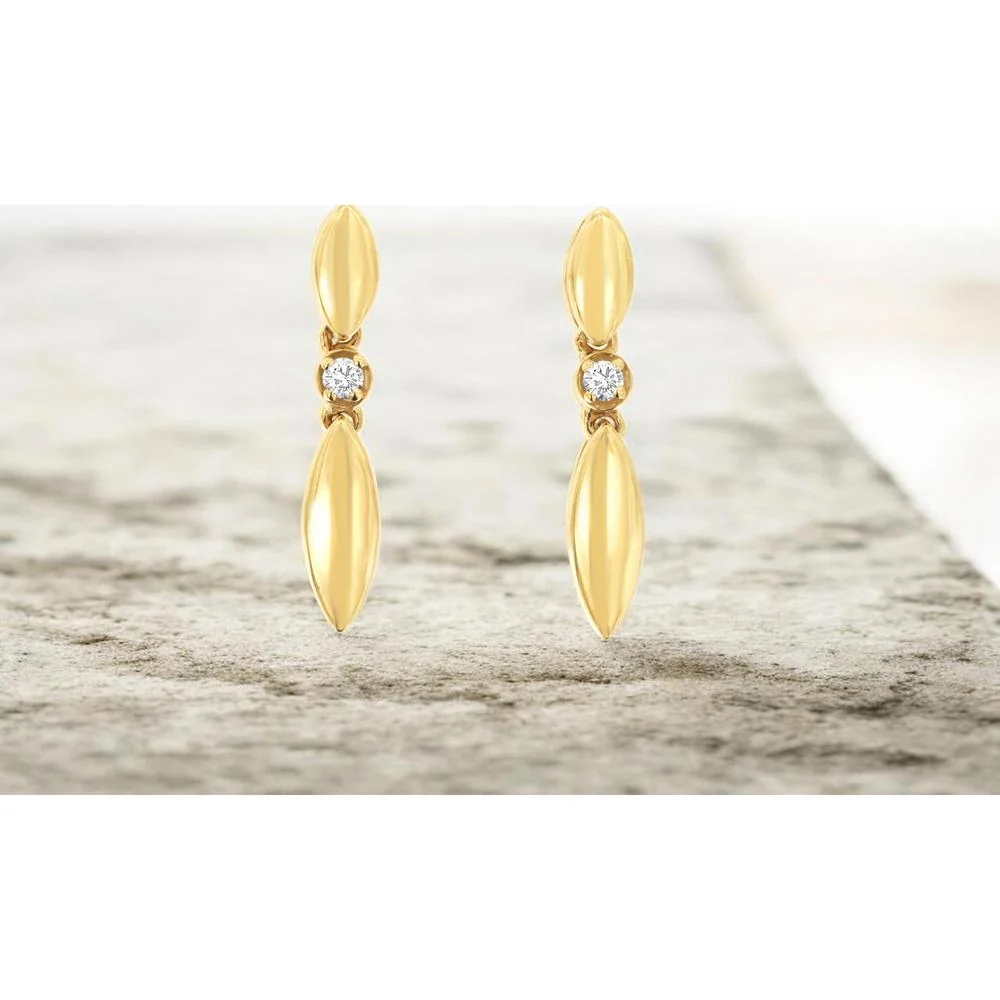 14K Yellow Gold Navette Drop Earrings with Bezel Set Round Diamonds - 0.02 Carat Total Diamond Weight - Royal Jewelry - Image 2