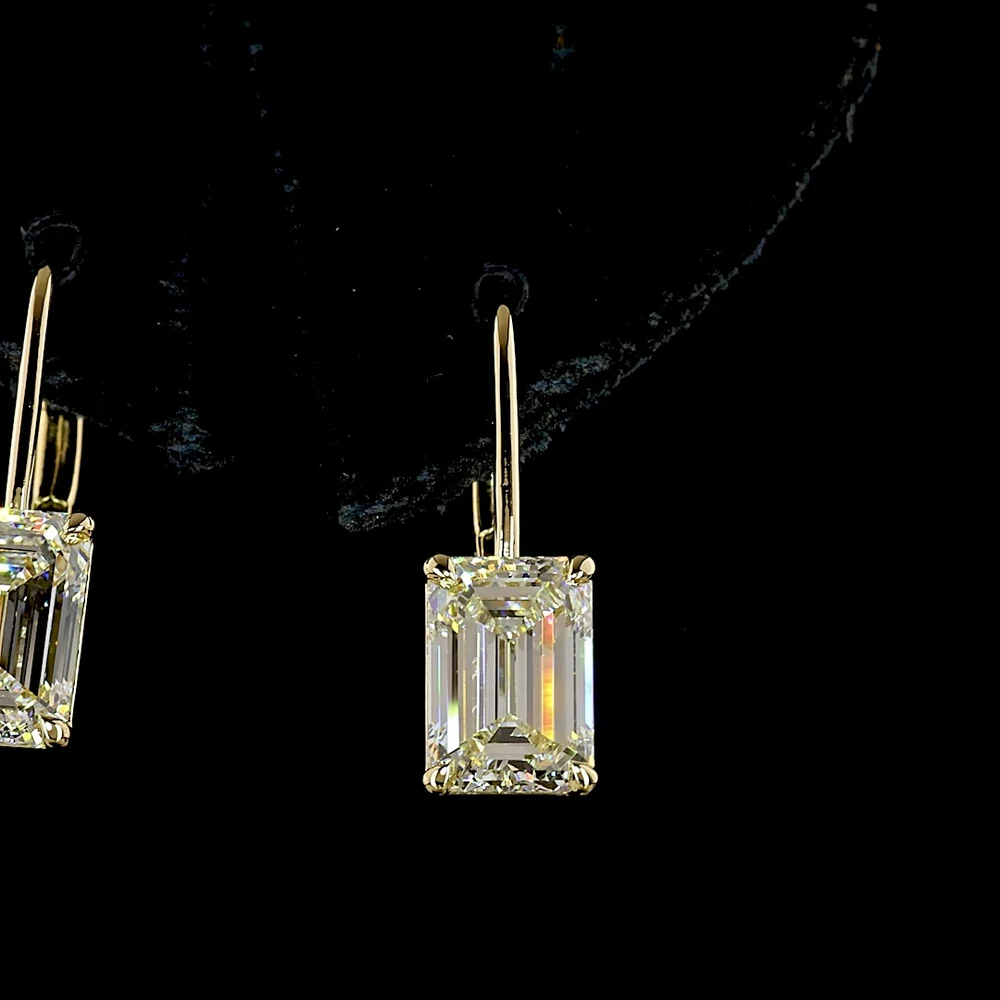 14K Yellow Gold North-South Emerald Cut Lab Diamond Drop Earrings with Brilliant Accents - 3.16 Total Carat Weight - Covaloro Fine Jewelry - Image 2