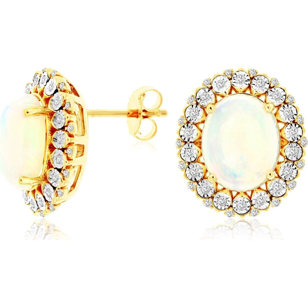 14K Yellow Gold Opal and Diamond Halo Earrings - 3.40 Carats Opal, 0.25 Carats Total Diamond Weight - Royal Jewelry