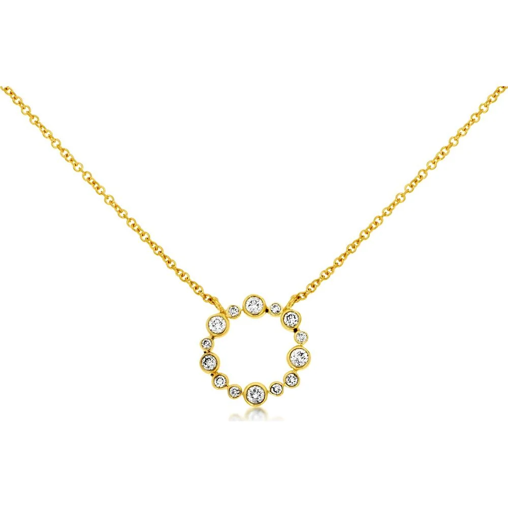 14K Yellow Gold Open Circle Pendant Necklace with Bezel Set Round Diamonds - 0.26 Carat Total Diamond Weight - Royal Jewelry