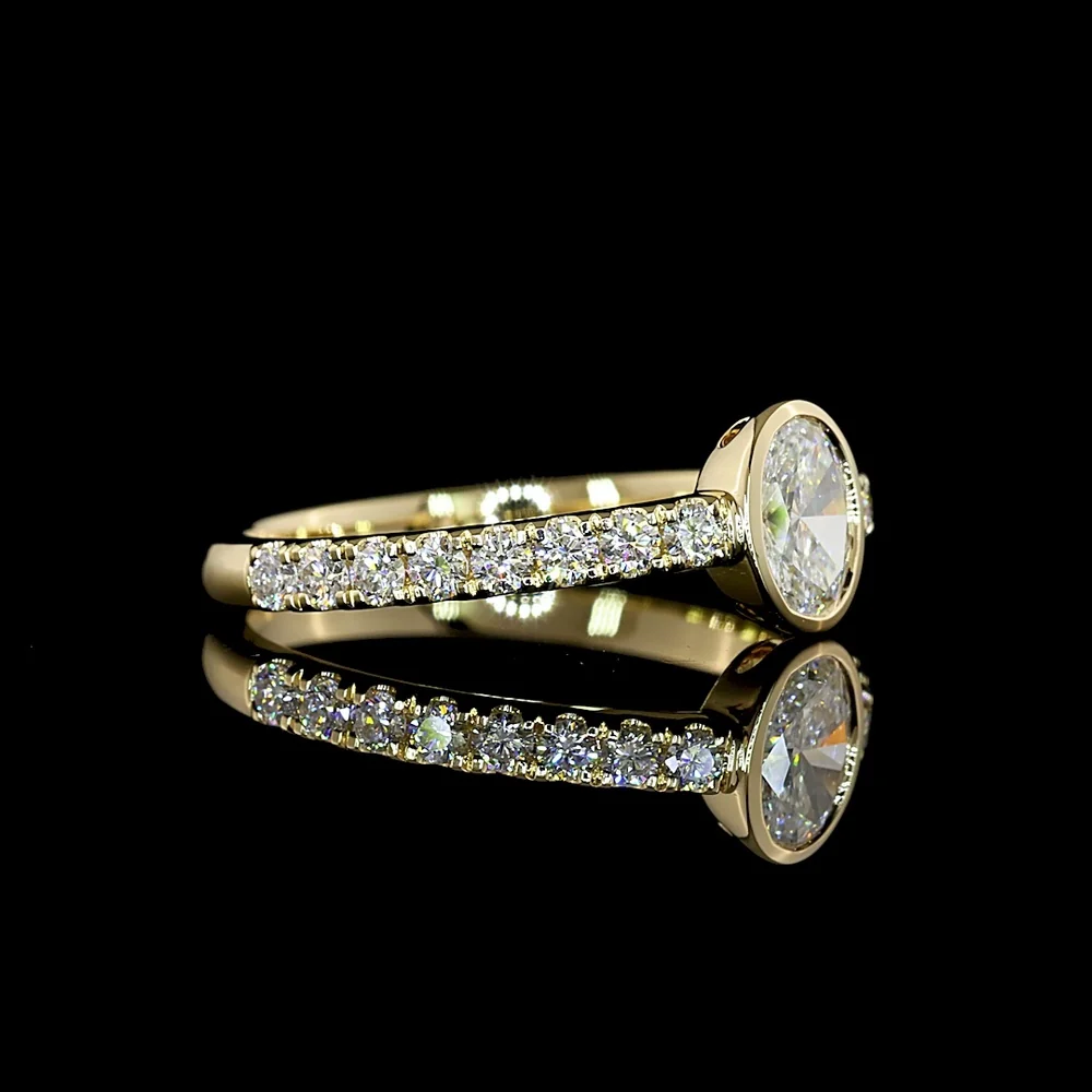 14K Yellow Gold Oval Bezel-Set Solitaire Ring with Diamond Shank - 0.75 Carats Total Diamond Weight - Covaloro Fine Jewelry - Image 2