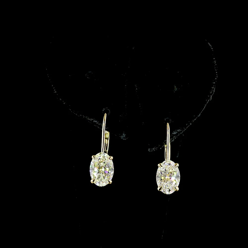 14K Yellow Gold Oval Cut Lab Diamond Hanging Earrings - 3.14 Carats Total Diamond Weight (E-F Color, VS1 Clarity) with Brilliant Cut Accents - Covaloro Fine Jewelry