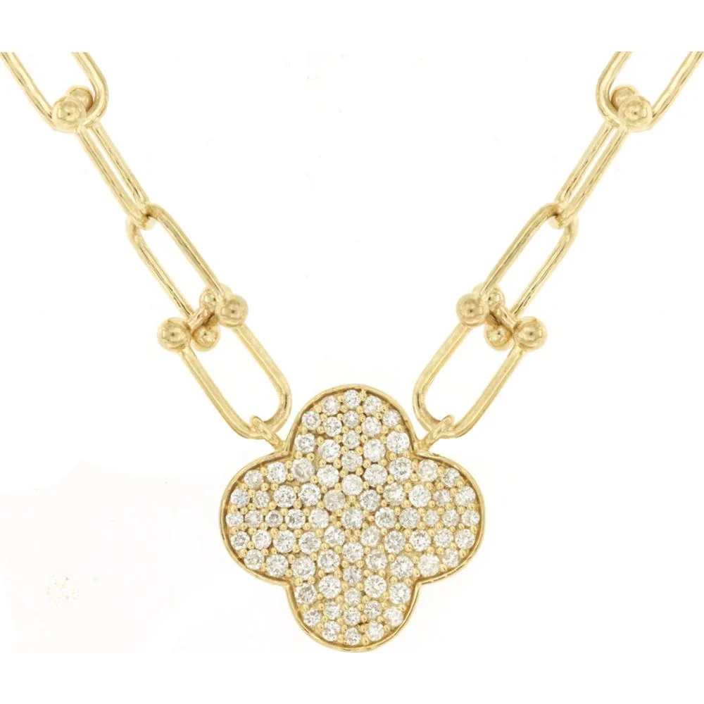 14K Yellow Gold Paperclip Link Necklace with Diamond Quatrefoil Motif Pendant - 0.50 Carat Total Diamond Weight - Royal Jewelry
