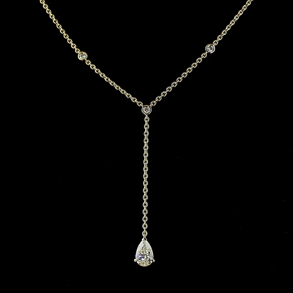 14K Yellow Gold Pear Shape Lariat Necklace with Bezel and Prong Set Lab Diamonds - 1.46 Carats Total Diamond Weight - Covaloro Fine Jewelry - Image 2
