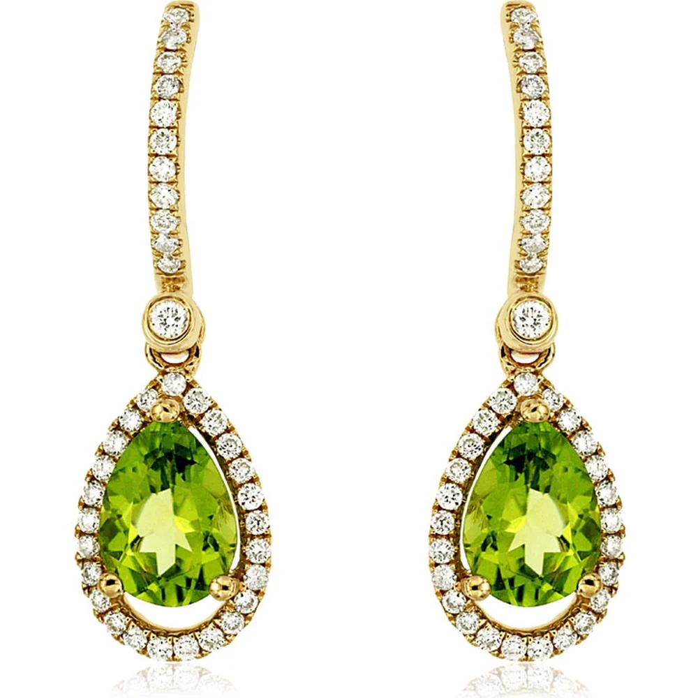 14K Yellow Gold Pear Shape Peridot Drop Earrings with Diamond Halo and Diamond Accent Tops - 2.20 Carat Total Peridot Weight, 0.42 Carat Total Diamond Weight - Royal Jewelry