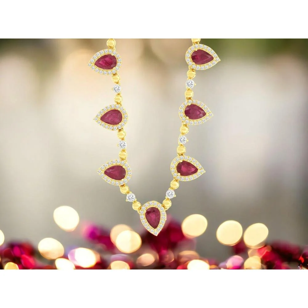 14K Yellow Gold Pear-Shaped Ruby Station Necklace with Diamond Halo - 6.20 Carat Total Ruby Weight, 1.80 Carat Total Diamond Weight - Royal Jewelry - Image 2