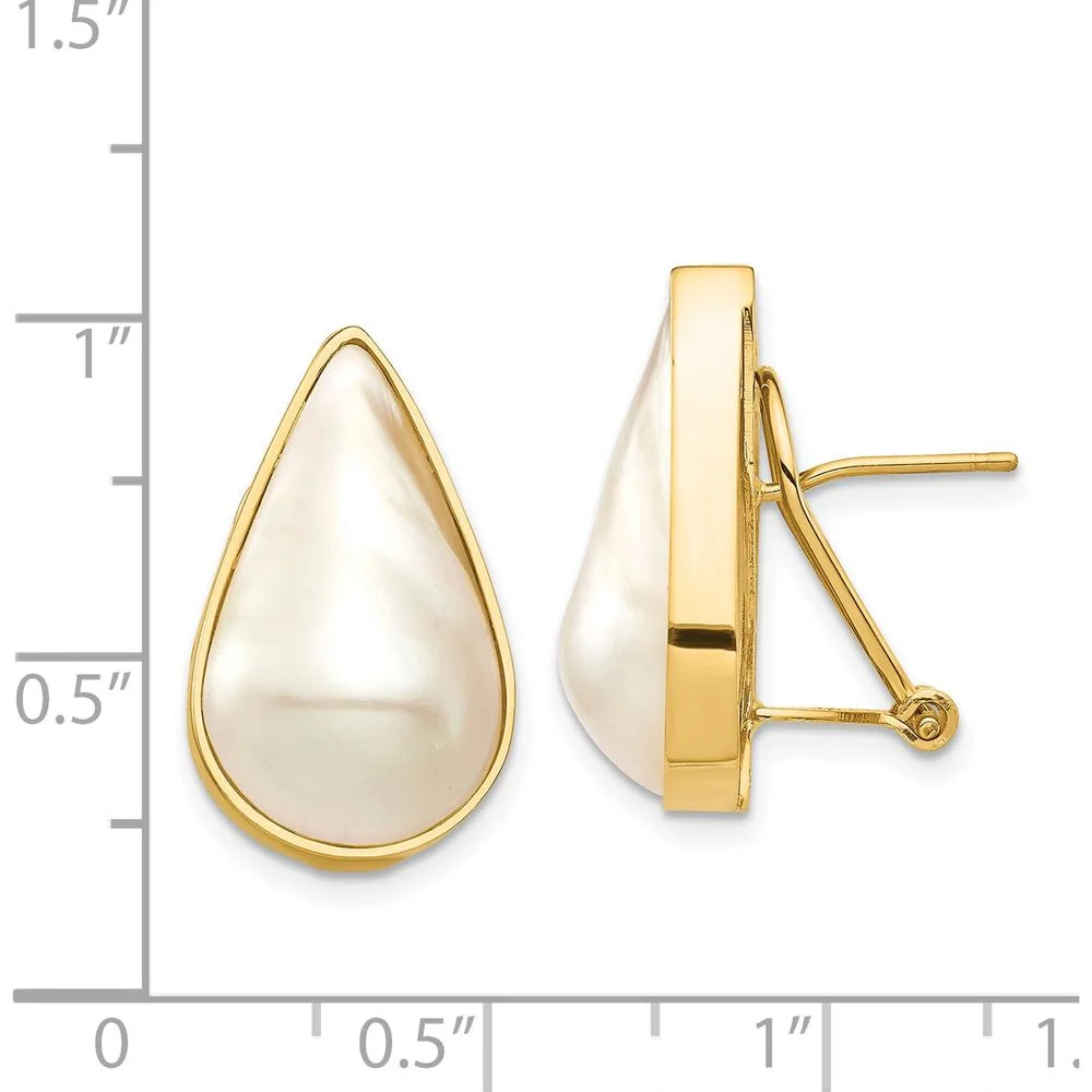 14K Yellow Gold Pear-Shaped Saltwater Cultured Mabe Pearl Omega Back Earrings - 24mm Total Length by Monteluci Fine Jewelry - Image 4