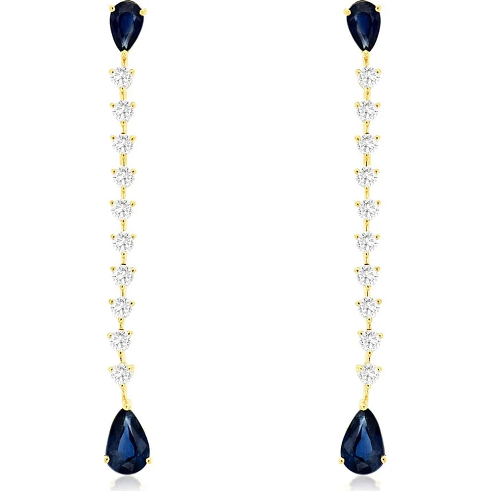 14K Yellow Gold Pear-Shaped Sapphire and Diamond Drop Earrings - 1.62 Carat Total Sapphire Weight, 0.60 Carat Total Diamond Weight - Royal Jewelry