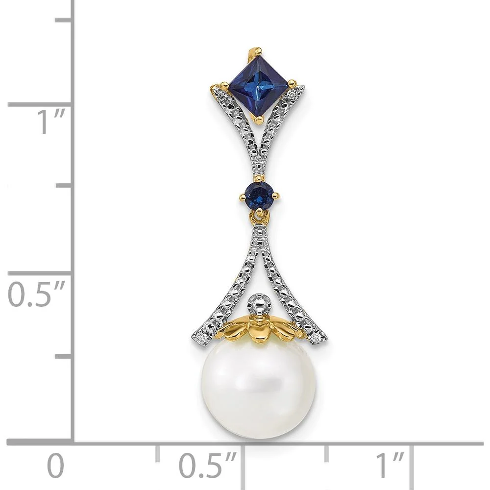 14K Yellow Gold Pendant with Freshwater Cultured Pearl, Lab Created Sapphire, and Diamond Accents - 0.40 Carat Total Sapphire Weight by Monteluci Fine Jewelry - Image 3