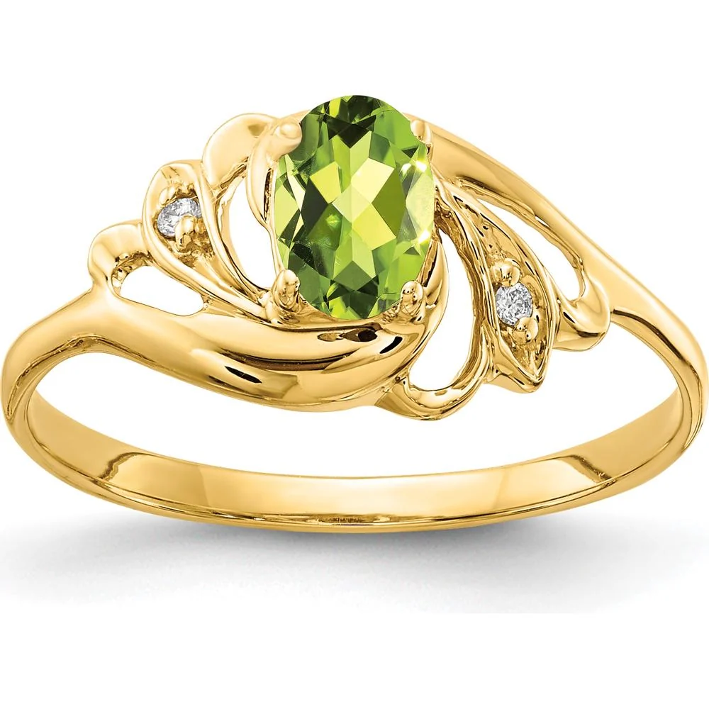 14K Yellow Gold Peridot and Diamond Ring with Oval and Round Faceted Stones - 0.457 Carat Total Gem Weight - Size 6 by Monteluci Fine Jewelry