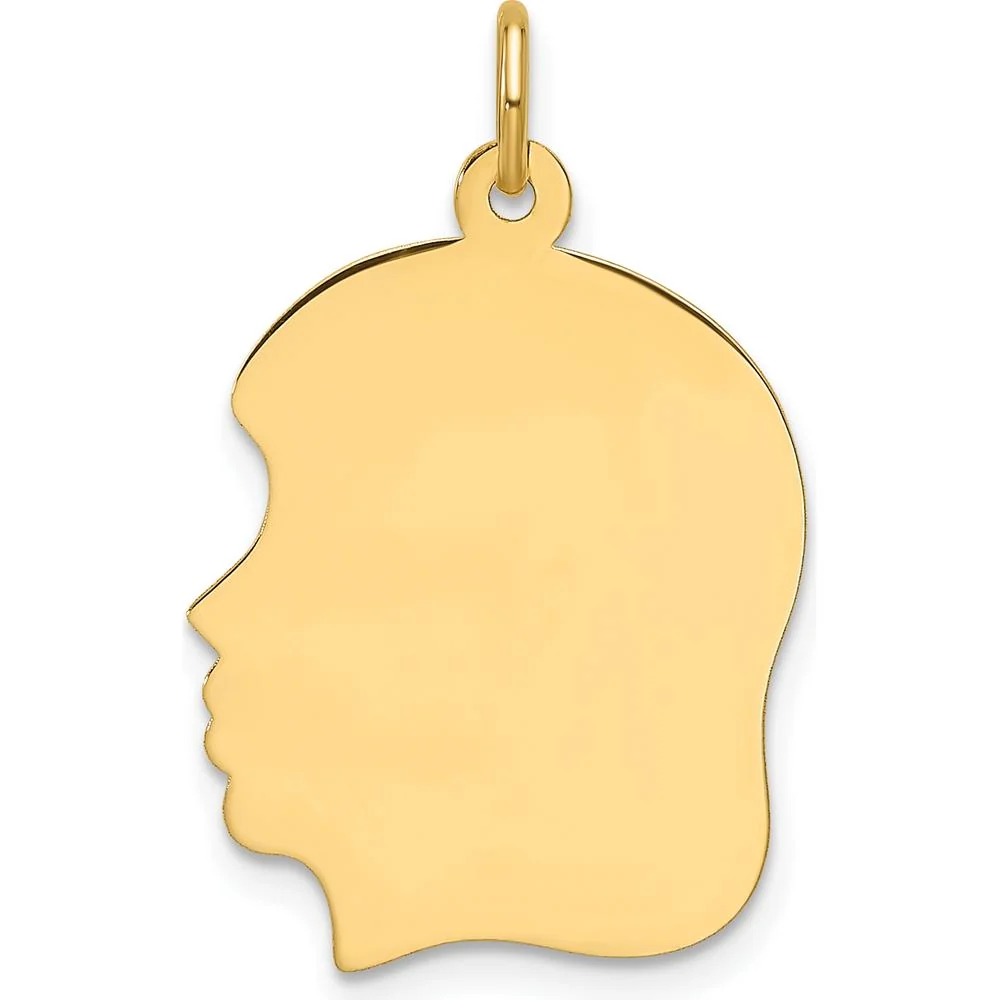 14K Yellow Gold Plain Medium Girl Head Charm - Engravable Pendant with Polished Finish by Oro Pregiato