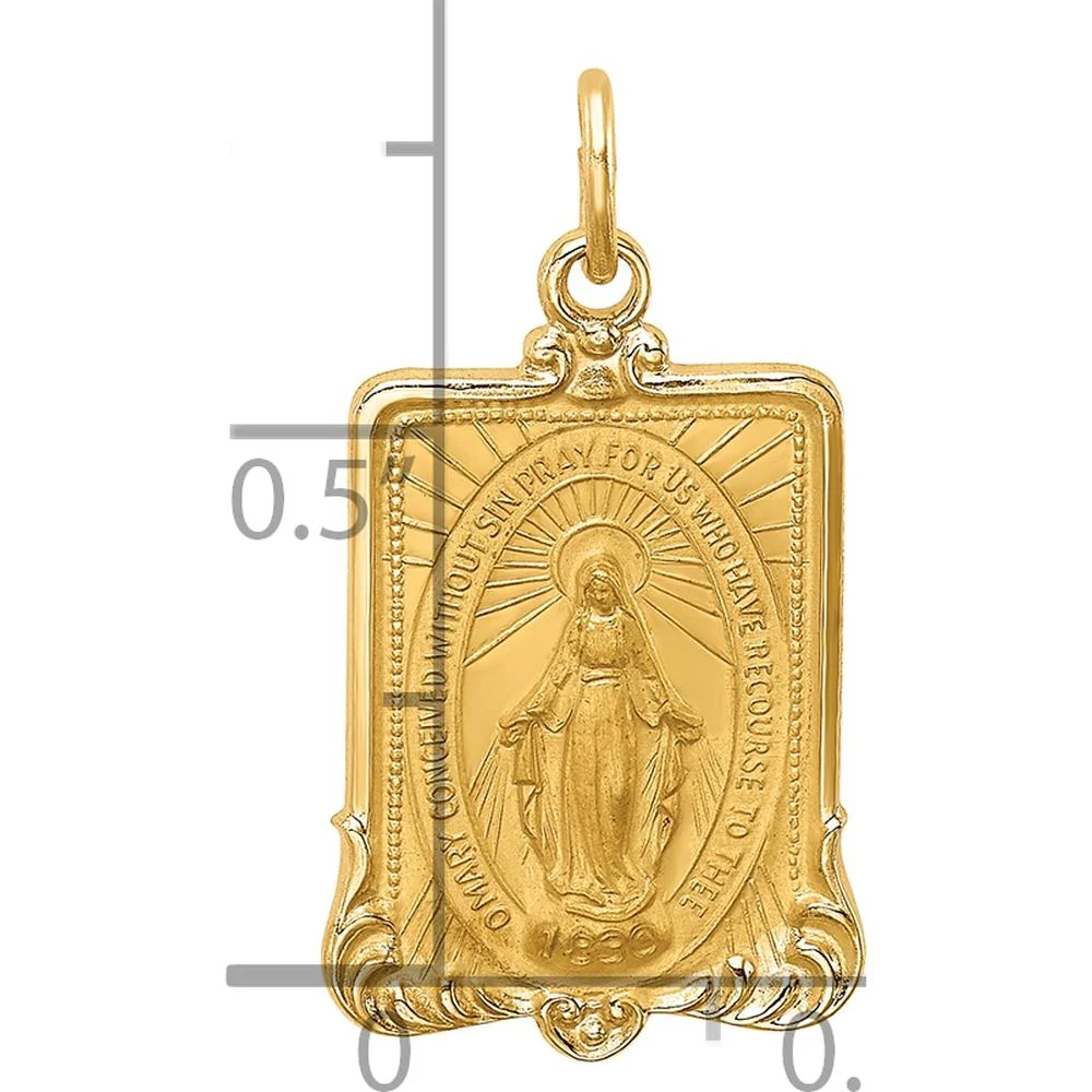 14K Yellow Gold Polished and Satin Miraculous Medal Rectangular Pendant - 23.55mm Length by Oro Pregiato - Image 4