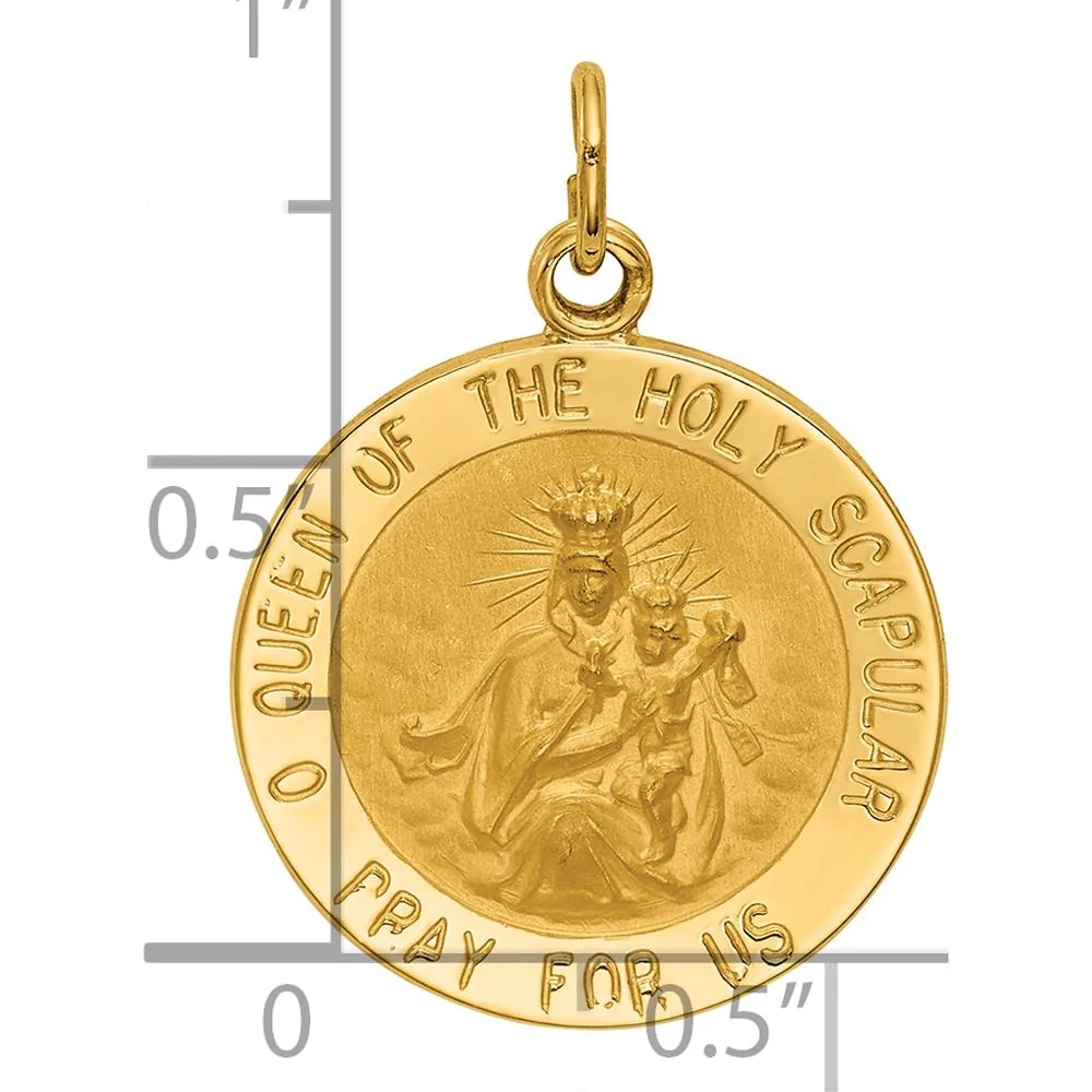 14K Yellow Gold Polished and Satin Queen of the Holy Scapular Reversible Round Pendant - 25.6mm Length by Oro Pregiato - Image 4