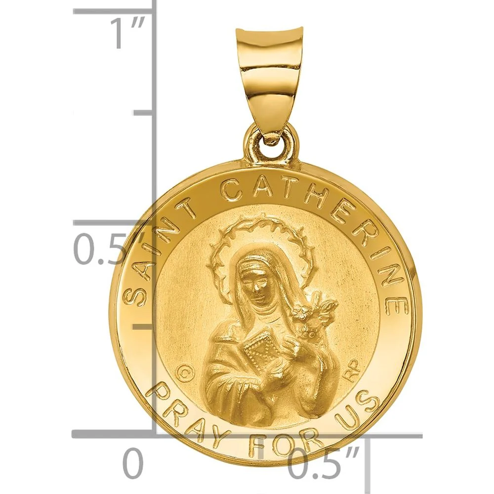 14K Yellow Gold Polished and Satin St. Catherine Hollow Medal Pendant - Meaningful Faith Charm by Oro Pregiato - Image 4