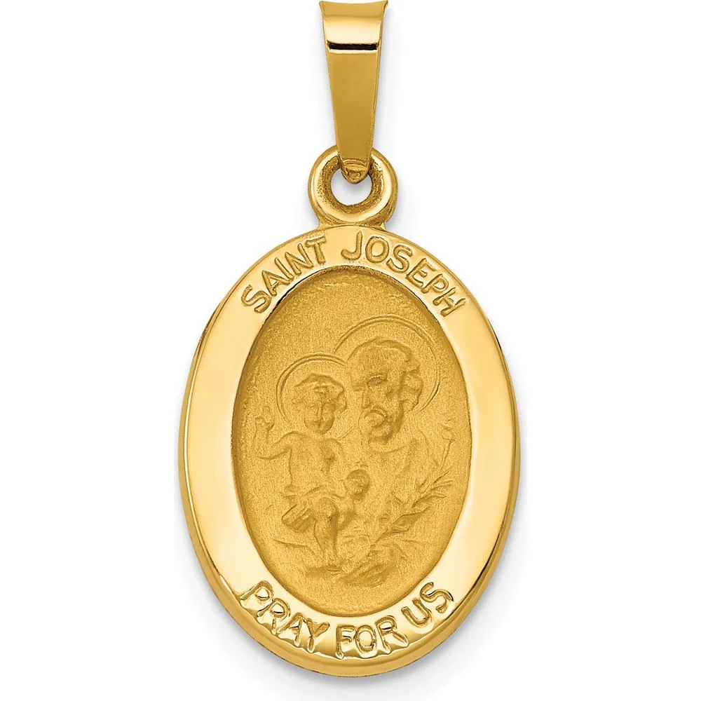 14K Yellow Gold Polished and Satin St. Joseph Medal Hollow Oval Pendant - 24.5mm Length by Oro Pregiato