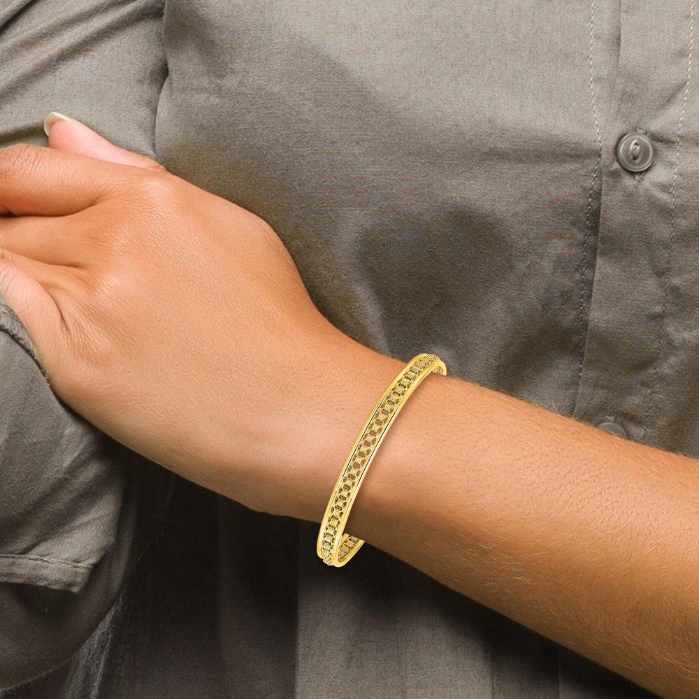 14K Yellow Gold Polished and Textured 6.80mm Cuff Bangle Bracelet by Oro Pregiato - Image 4