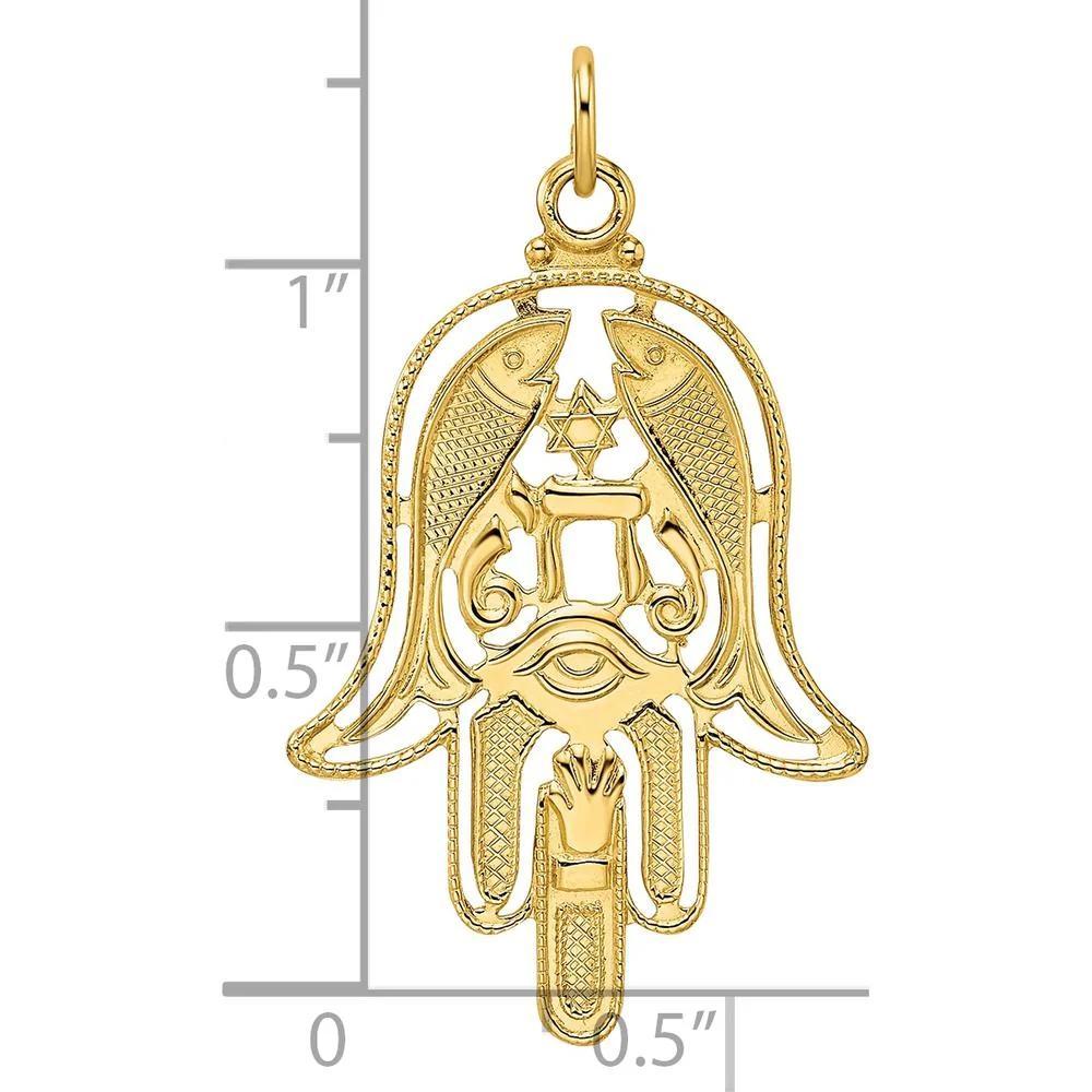 14K Yellow Gold Polished and Textured Solid Hamsa Pendant - Protective Symbol with Fish and Sacred Eye by Oro Pregiato - Image 3