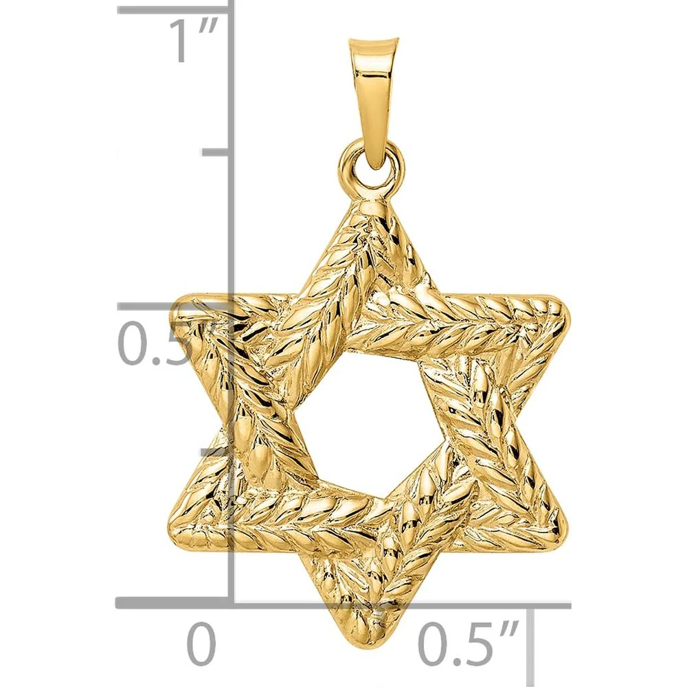 14K Yellow Gold Polished and Textured Solid Star of David Pendant - 26.57mm Length by Oro Pregiato - Image 3