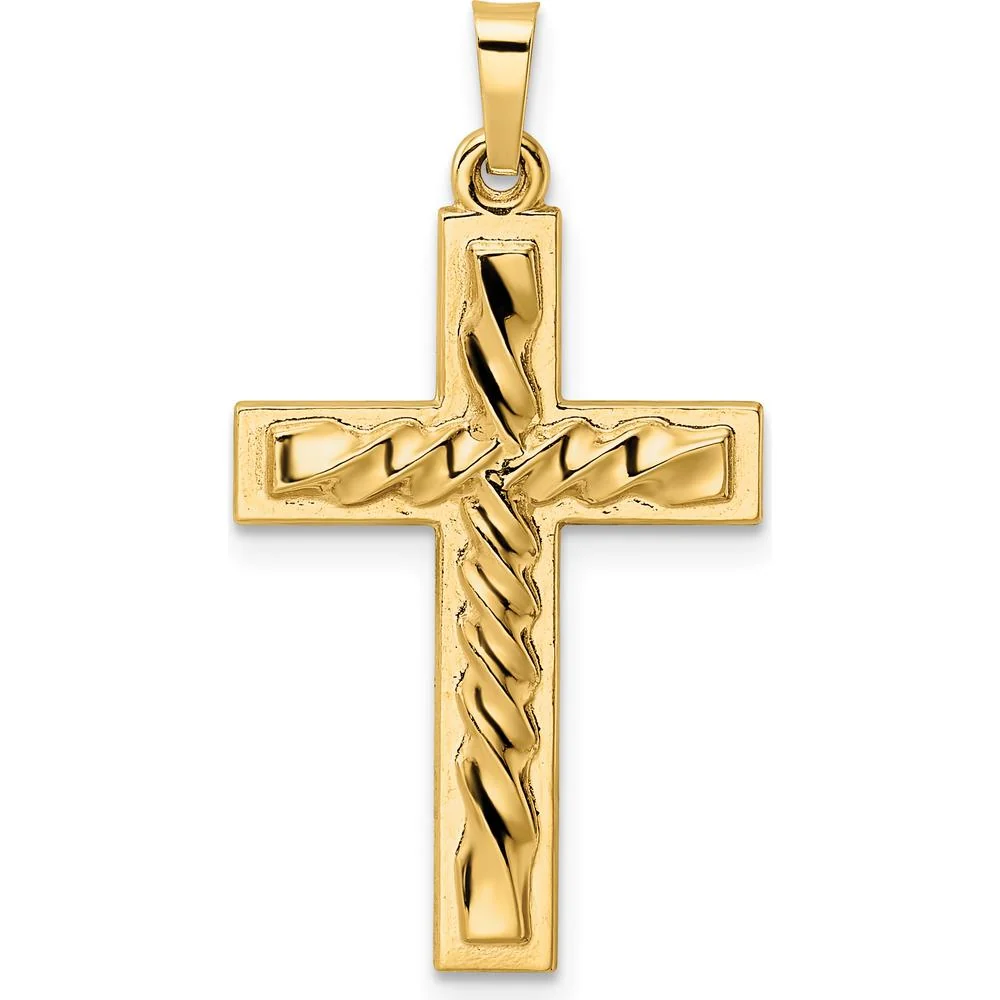 14K Yellow Gold Polished and Twisted Hollow Cross Pendant - Unisex by Oro Pregiato