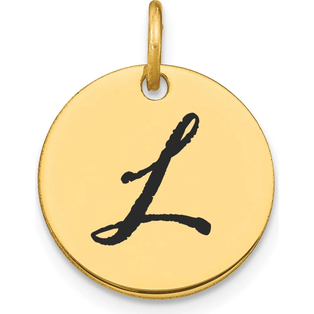 14K Yellow Gold Polished Black Enamel 'L' Initial Disk Charm by Oro Pregiato